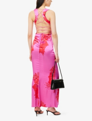 GOOD AMERICAN WOMENS FLOWER-PRINT LACE-UP STRETCH-WOVEN MAXI DRESS PINK HIBISCUS002 