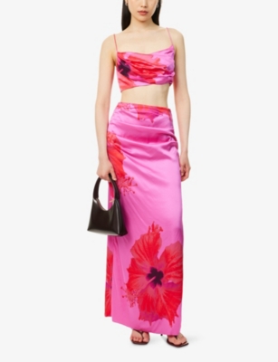 GOOD AMERICAN WOMENS PINK HIBISCUS002 DRAPED CROP STRETCH-WOVEN TOP 