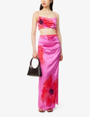 Good American Womens Pink Hibiscus002 Flower-print Split Stretch-woven Maxi Skirt