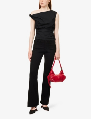 GOOD AMERICAN WOMENS GOOD AMERICAN ASYMMETRIC-SHOULDER RUCHED COTTON-POPLIN TOP 