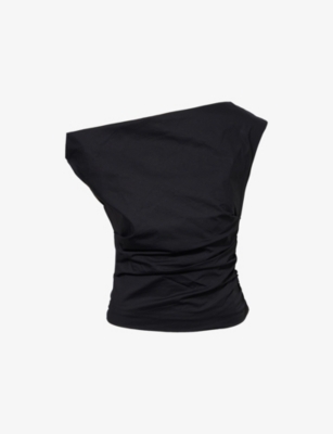 GOOD AMERICAN WOMENS GOOD AMERICAN ASYMMETRIC-SHOULDER RUCHED COTTON-POPLIN TOP 