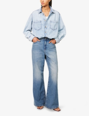 Good American Womens Indigo796 Long-sleeves Wide-leg Denim-blend Jumpsuit