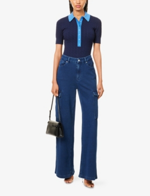Shop Good American Womens Midnight002 Cable-knit Polo-collar Knitted Bodysuit Xl