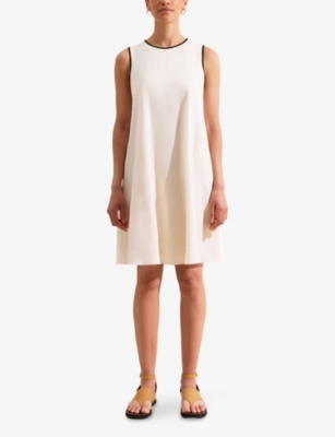 Ro&zo Womens Cream Contrast-piping Round-neck Linen-blend Mini Dress