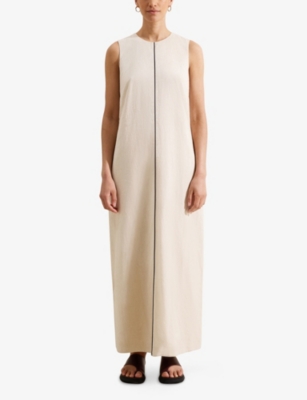 Ro&zo Womens Cream Contrast-piping Round-neck Linen-blend Midi Dress