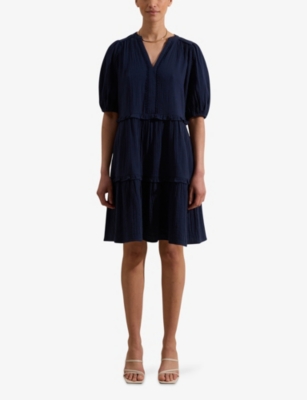 Ro&zo Womens Navy Frilled-trim Cheesecloth-textured Cotton Mini Dress