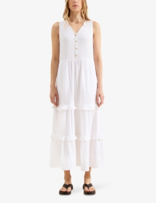 Ro&zo Womens White V-neck Tiered-hem Cotton Maxi Dress