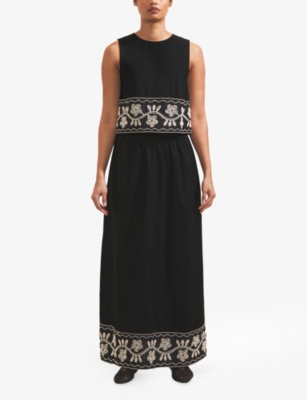 Ro&zo Womens Black Embroidered-panel Elasticated-waist Stretch-cotton Maxi Skirt