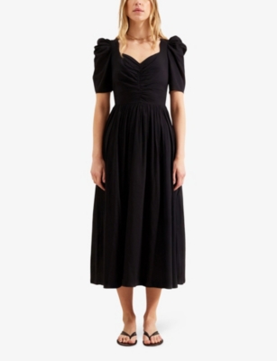 Ro&zo Womens Black Sweetheart-neck Puff-sleeve Cotton Midi Dress