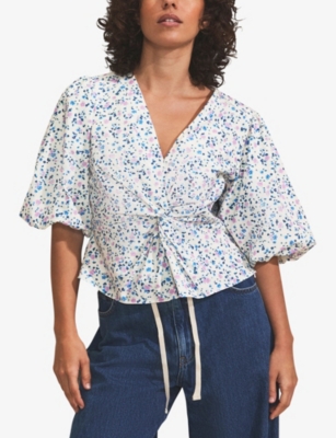 Ro&zo Womens Ivory Ditsy-print Twist-front Cotton Blouse