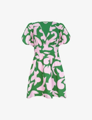 Ro&zo Womens  Abstract-pattern Puff-sleeved Cotton Mini Dress