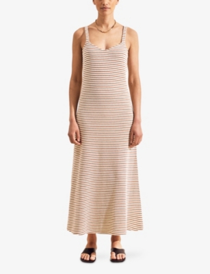 Ro&zo Womens Brown Striped Sweetheart-neck Knitted Cotton-blend Midi Dress