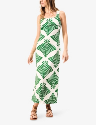 Ro&zo Womens Green Fan-print Square-neck Woven Maxi Dress In Green