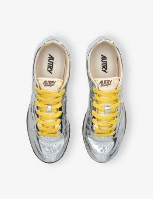 Autry Front Lace Sneakers In Bright Yellow And Shiny Silver In Silver