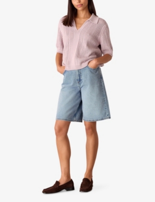 Whistles Womens Lilac Pointelle-collar Short-sleeve Collared Knit
