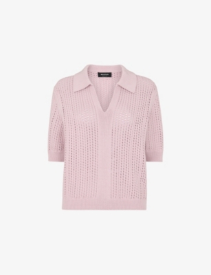 Whistles Womens Lilac Pointelle-collar Short-sleeve Collared Knit