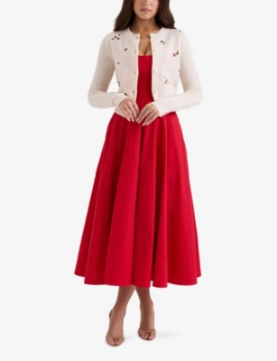 HOUSE OF CB OF CB WOMENS CREAM EVELINA STRAWBERRY-EMBROIDERED WOOL CARDIGAN 