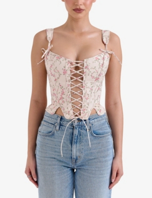 House Of Cb Of Cb Womens Cream Vintage Callie Lace-up Stretch-cotton Corset Top