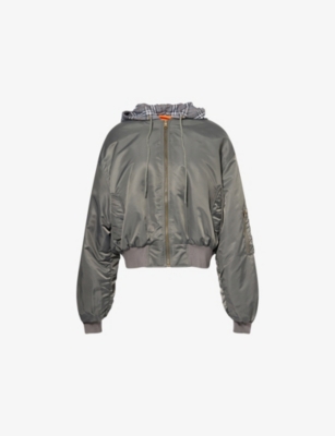 Praying Womens Plaid-hood Shell Bomber Jacket Grey Xs