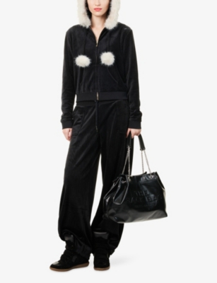 Juicy Couture Womens Black Velour Fax-fur-trims Woven Hoodie In Black