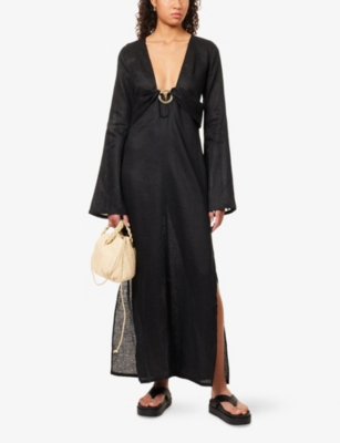 Monday Swimwear Womens Black Linen Montego Plunge Ring-detail Knitted Maxi Dress