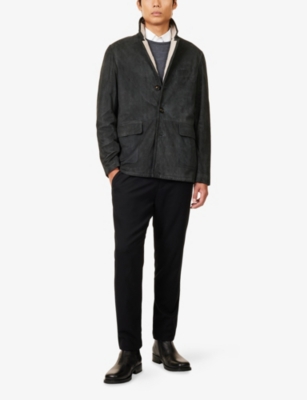 Eleventy Mens Notched-collar Long-sleeve Suede Jacket Black In Green