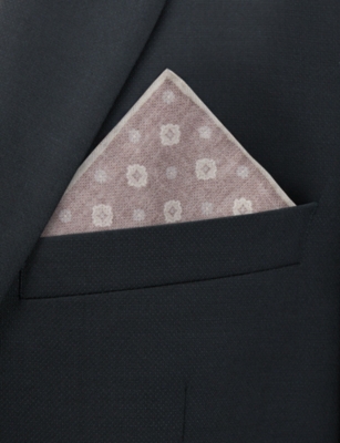 Eleventy Mens Blueberry And Beige Printed Cotton And Wool Pocket Square