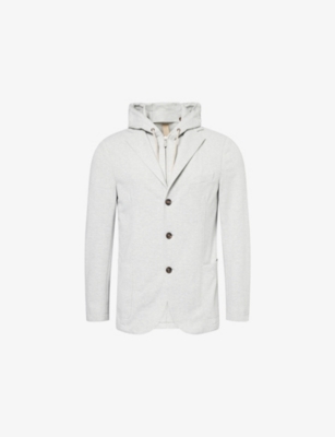 ELEVENTY: Hooded Herringbone Stretch-Woven Blazer