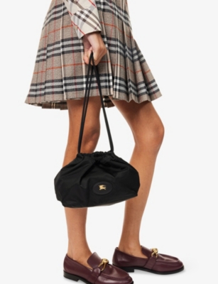 Burberry Womens Black Reversible Horseshoe Drawstring Woven Pouch​
