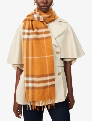 Burberry Womens Squash Check-print Cashmere Scarf In Orange