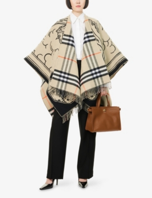 Burberry Womens Stormy Knight Fringed Wool Cape Sand In Multi