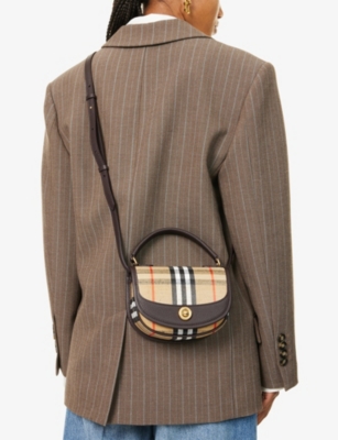 Burberry Womens Sand Mini Highlands Check Coated Cotton-blend Cross-body Bag