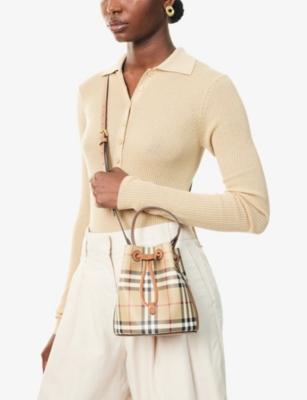 Burberry Drawstring Bucket Bag With Signature Plaid Pattern In Brown