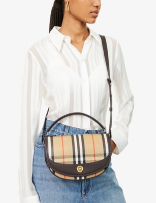 Burberry Womens Sand Mini Highlands Check Coated Cotton-blend Cross-body Bag