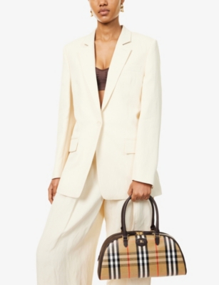 Burberry Highland Beige Handbag With Ekd Patch On The Front And All-over Check Motif In Cotton Blend Woman In Neutral