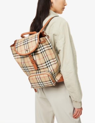 BURBERRY WOMENS VNTG CHK/BRIAR BROWN VINTAGE CHECK MEDIUM COATED-CANVAS BACKPACK 