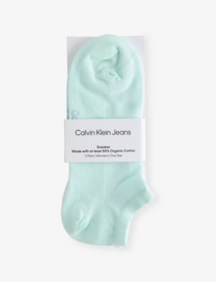 Shop Calvin Klein Womens Turquoise/white Branded Pack Of Two Cotton-blend Ankle Socks
