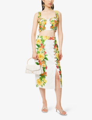 Farm Rio Womens Picnic Flowers Off-white Picnic Flowers High-waist Linen Midi Skirt