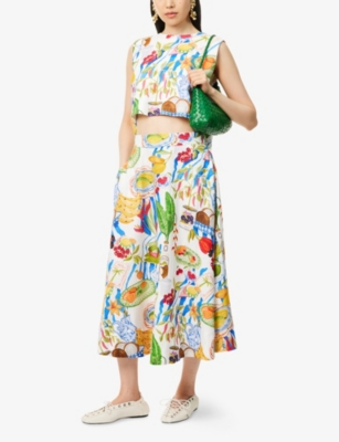 Farm Rio Womens Fresh Table Off-white Fresh Table Pleated Linen-blend Midi Skirt In Multi