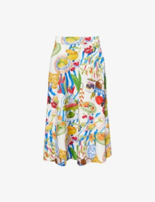 Farm Rio Womens Fresh Table Off-white Fresh Table Pleated Linen-blend Midi Skirt In Multi