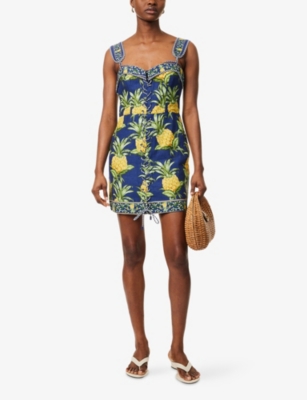 FARM RIO: Delicate Pineapple Shoulder-Straps Linen-Blend Mini Dress