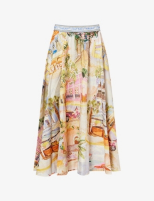 FARM RIO WOMENS ARACATI MULTICOLOR ARACATI PLEATED COTTON-POPLIN MIDI SKIRT 