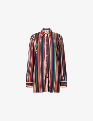 FARM RIO WOMENS MULTICOLOUR PIPA STRIPES PLEATED WOVEN SHIRT XS 