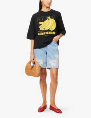 FARM RIO WOMENS BLACK TROPICAL BANANAS RELAXED-FIT COTTON-JERSEY T-SHIRT 