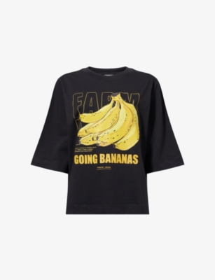 FARM RIO WOMENS BLACK TROPICAL BANANAS RELAXED-FIT COTTON-JERSEY T-SHIRT 