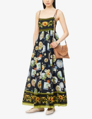 Farm Rio Womens Black Trip Souvenir Shoulder-straps Cotton-blend Maxi Dress In Multi