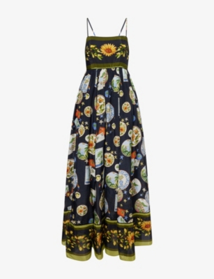 Farm Rio Womens Black Trip Souvenir Shoulder-straps Cotton-blend Maxi Dress In Multi