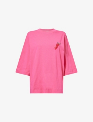 FARM RIO WOMENS PINK SPICY PEPPER RELAXED-FIT COTTON-JERSEY T-SHIRT XS 