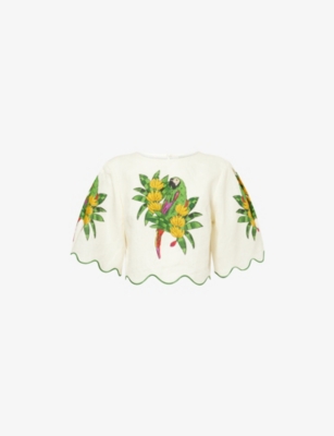 Shop Farm Rio Womens Maracana Bird Pearl Cropped Linen Blouse Xs