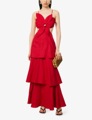 Flower-Appliqué Ruffled Linen-Blend Maxi Dress
